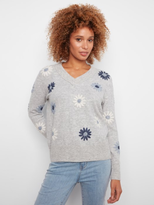Chandail col v broderies - CHARLIE B Chandail col v broderies - CHARLIE B