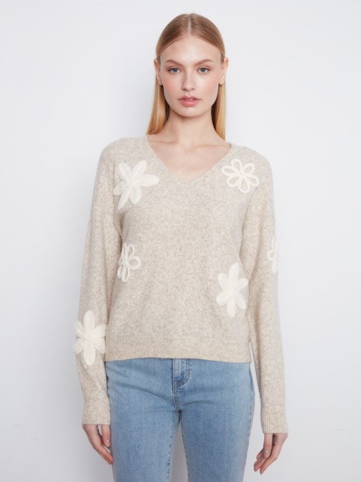 Pull col v appliqué fleur - CHARLIE B - C2163 - Charlie B