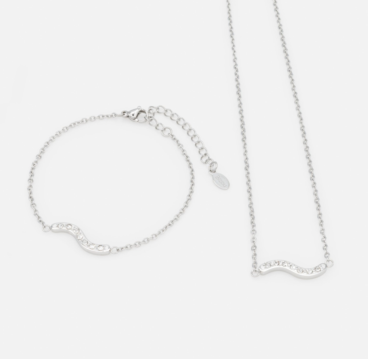 Collier et bracelet argentés vague de zircons cubiques en acier inoxydable- BIZOU - ss241k016sl - Boutique