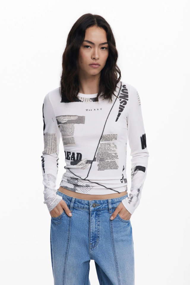 T-shirt côtelée journal - DESIGUAL - 25WWTK25 - Desigual